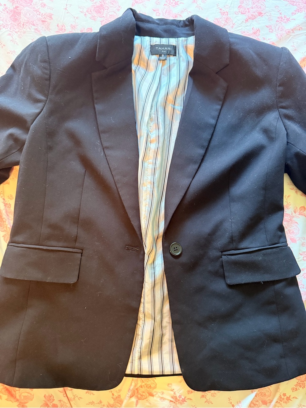 Tahari ASL Black Blazer with Light Blue Striped Lining